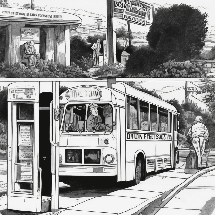 Bus idles past empty pole. Sign stays up.